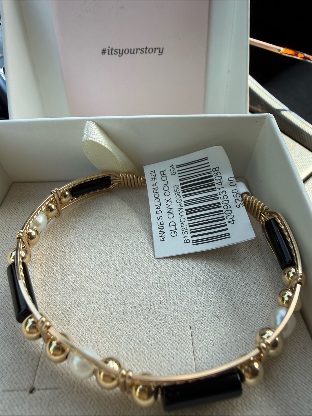 Gold-Tone Bracelet with Black Onyx Bars and Pearl Accents